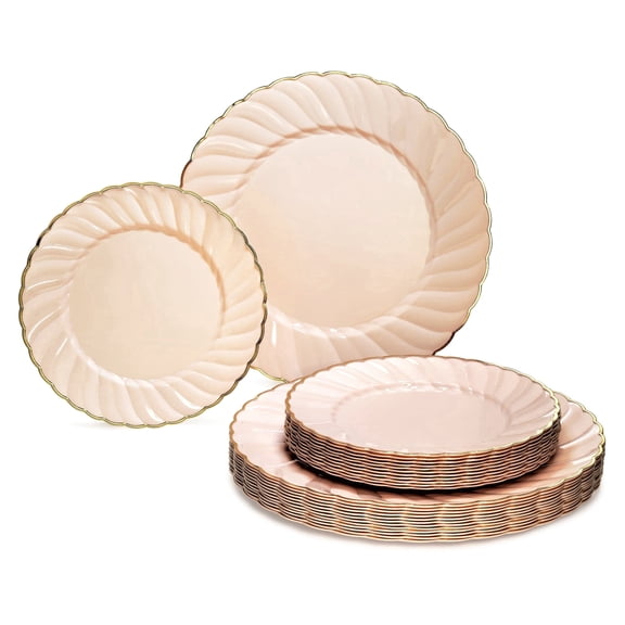 " OCCASIONS " 240 Plates Pack,(120 Guests) Premium Vintage Wedding Party Disposable Plastic Plates Set -120 x 10.25'' Dinner   80x7.5'' Salad/Dessert (Blossom Blush Pink & Gold)