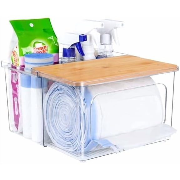 Trash Bag Dispenser Under Sink Organizer - 2 in 1 Trash Bag Holder Plastic Garbage Bags Dispenser Pods Container with Bamboo Lid, Pantry Organizers and Storage Kitchen Laundry Room Organization