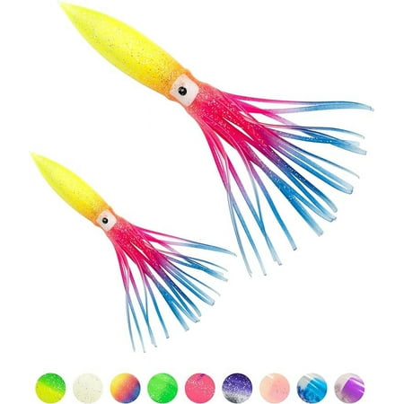 BLUEWING Lot of 10 Shell Squid Fishing Lures Trolling Squid Skirt with Float Inside Soft Bulb Squid Saltwater Fishing Baits for Tuna and Gamefish Rainbow 23cm / 9inch