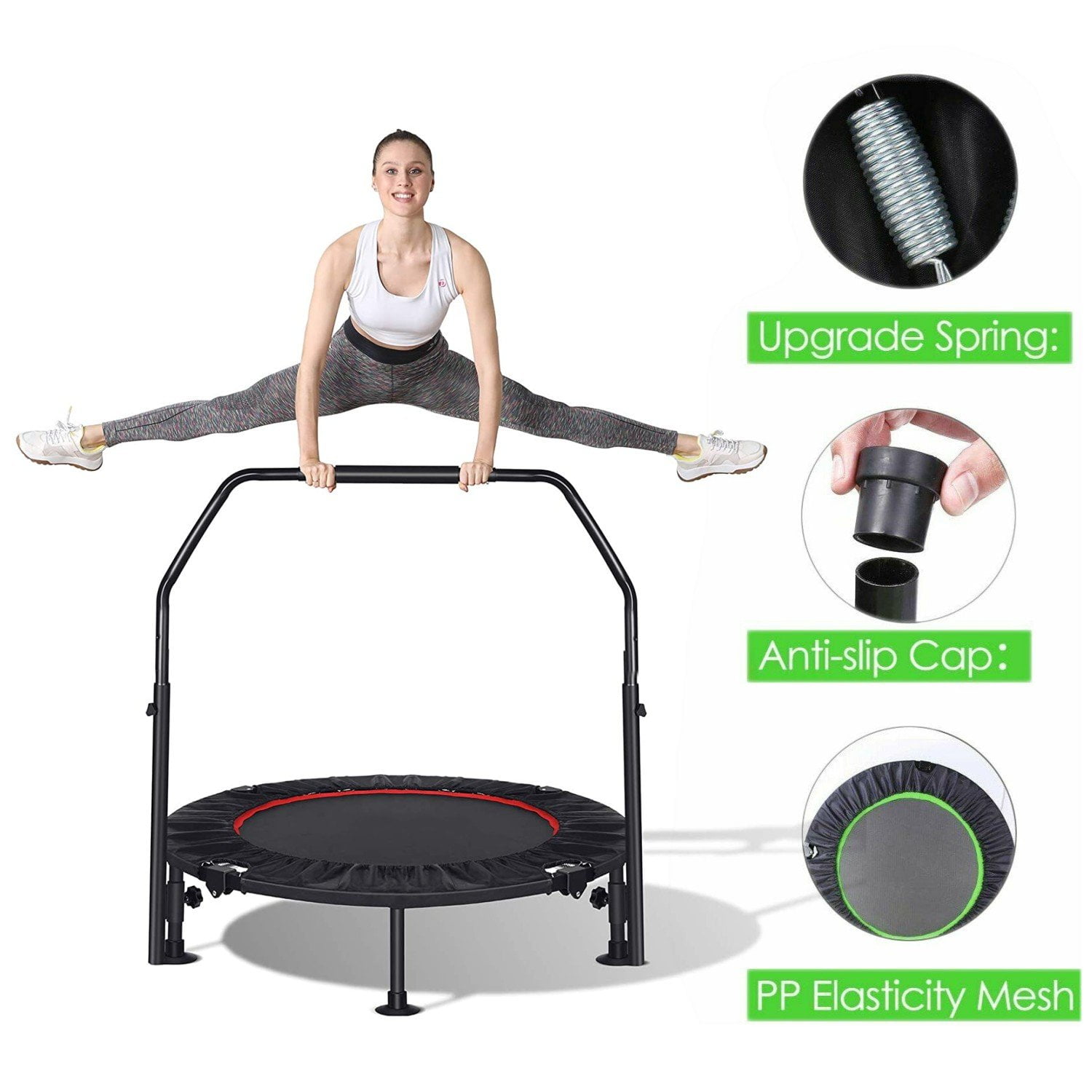 GARTIO 40" Foldable Mini Trampoline, Fitness Rebounder for Adults, Exercise Recreational Trampoline W/ 3 Level Adjustable Foam Handrail & Safety Pad, Indoor Outdoor, 330lbs