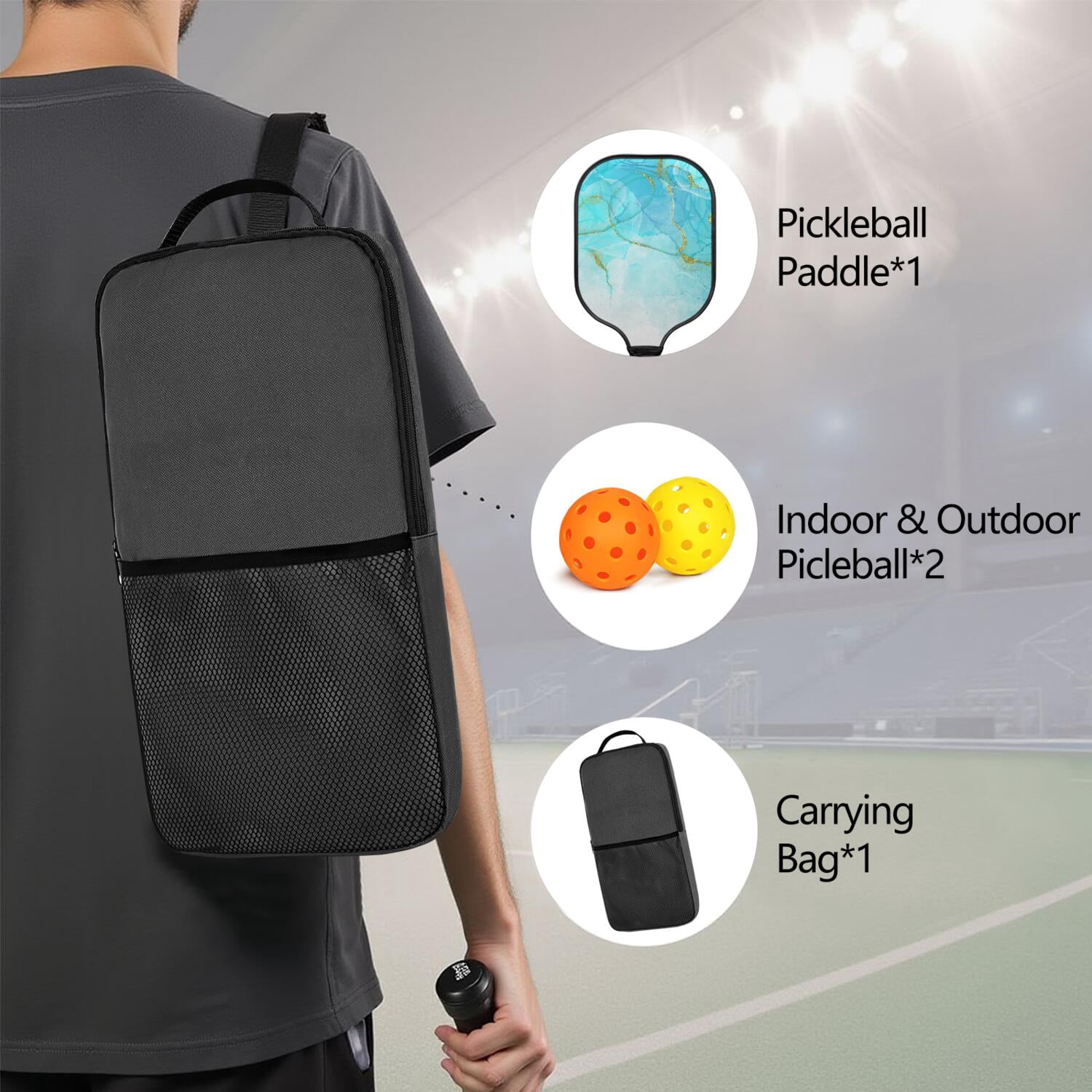 Pickleball Paddles Set Of 1, Fiberglass Surface, Turquoise Marble Pattern, 1 Paddle, 2 Balls & Bag