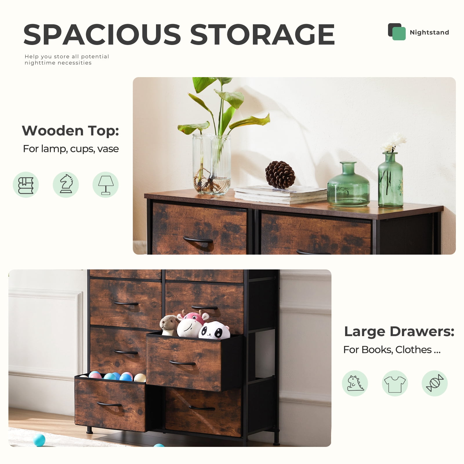 Aidoly Dresser for Bedroom, 8 Storage Drawers, Anti-Tip Fabric Closet Chests Organizer Tower Furniture with Wooden Top Metal Frame for Clothes, Living Room, Hallway, Entryway, Rust
