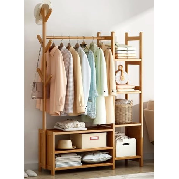 Closet Armables para Ropa, Organizador de Entrada de Bambú con 2 Cajones Plegables, 6 Ganchos y 5 Estantes, Soporte para Ropa, Zapatos, Abrigos para Pasillo, Dormitorio(80x30x158 cm)