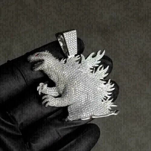 4Ct Round Lab-Created Moissanite Godzilla Pendant 14K White Gold Plated Silver