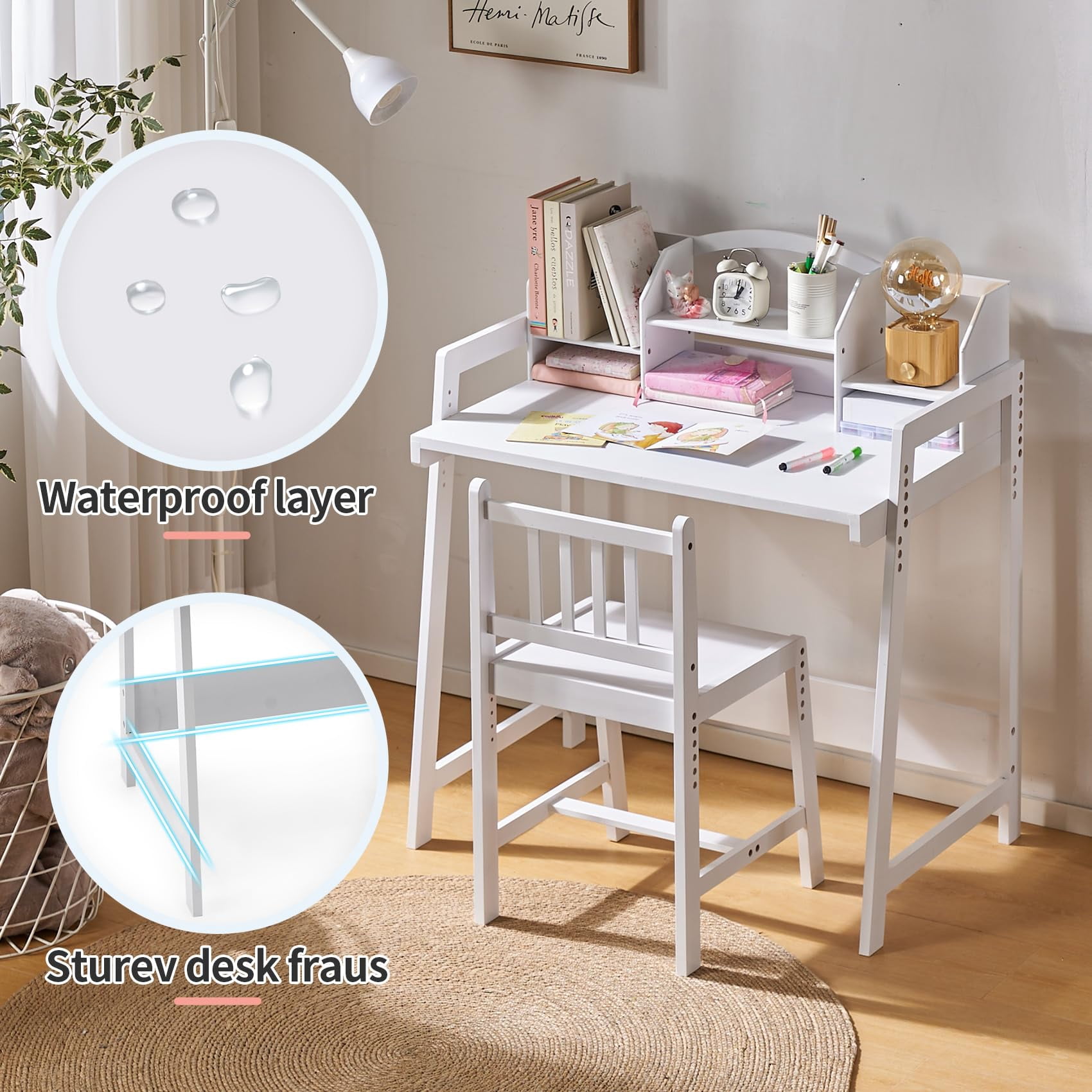 UNICOO® Height Adjustable Bamboo Kids Desk and Chair Set - Ergonomic Kid Desk and Chair Set for Study, Writing, and Homework - Durable and Eco-Friendly Kids' Desks for Home and School (White 01)