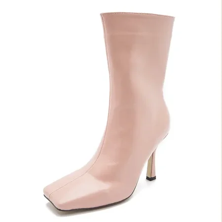 

Women‘s Stiletto Heel Mid Calf Boots Black Zipper Square Toe PU Leather High Heel Booties Women‘s Footwear