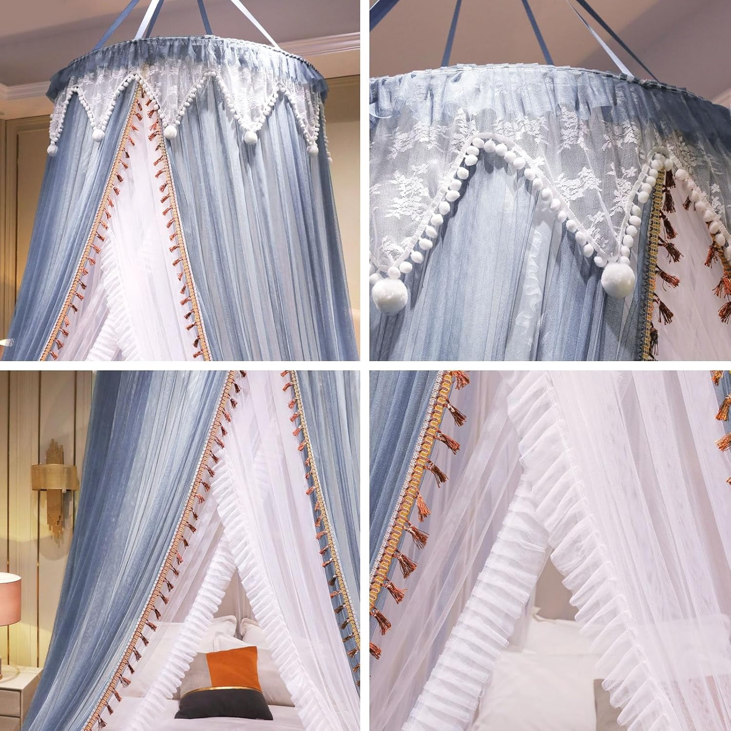 Girls and Adults Canopy Bed, Elegant Double-Layer Bed Curtain, Children's Dream Round Lace Mosquito Net, Princess Canopy Net - Fits Twin, Full, Queen, and King Beds (White/Blue)