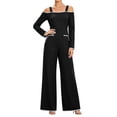 thumbnail image 2 of BRGZLK Off Shoulder Jumpsuit for Women Casual Trendy Colorblock Long Sleeve One Piece Overalls Lightweight Comfort Wide Leg Rompers with Pockets Clubwear Party Dressy Jumpsuits Black M, 2 of 9