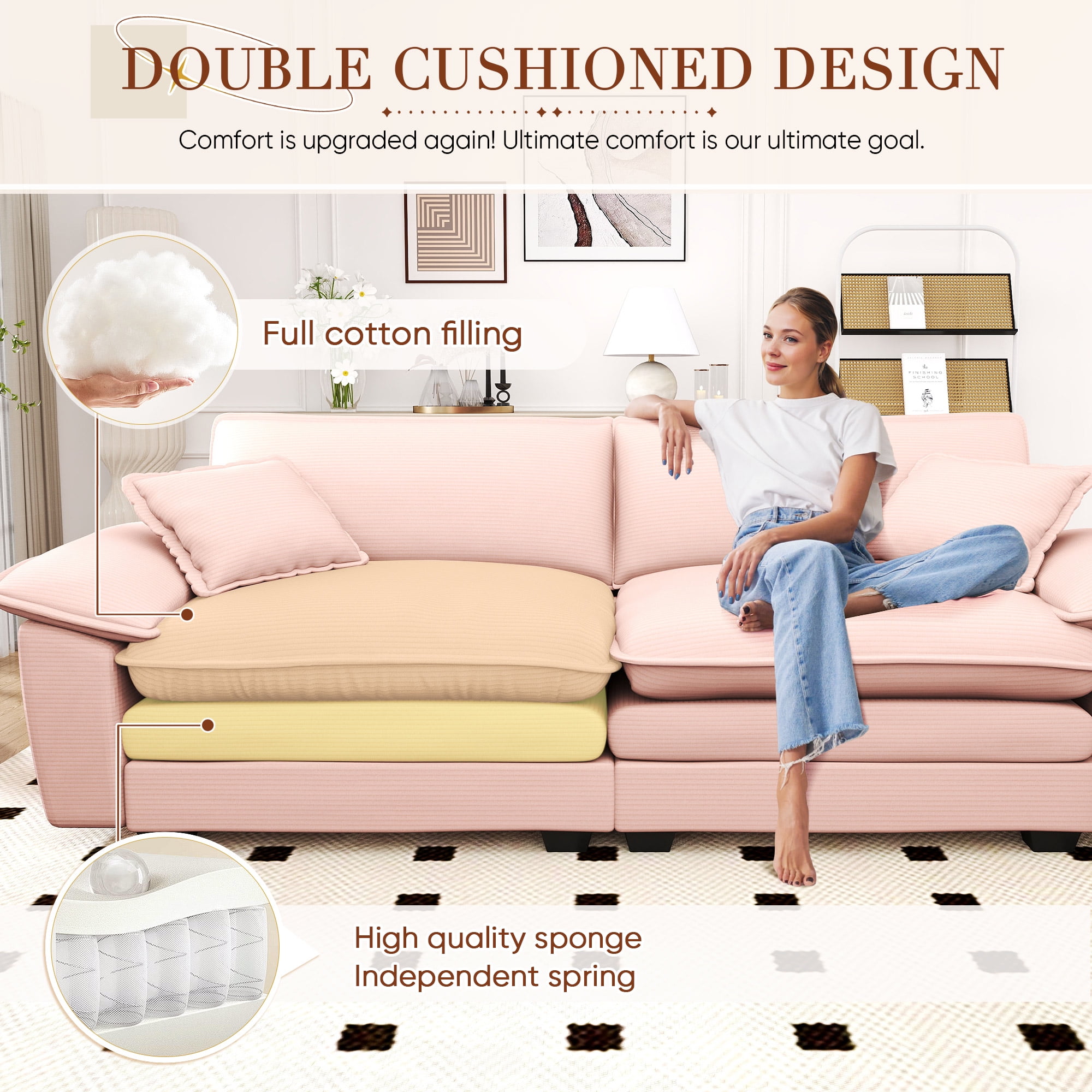 Lunale 80.5" Oversized 2 Seater Corduroy Sofa, Deep Seat Sleeper Cloud Couch for Living Room, Pink