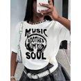 thumbnail image 1 of T-shirt Graphique Décontracté pour Femmes - Manches Courtes, Col Rond, Coton, Orange Vif avec Impression "Musique Apaise Mon Me", Léger et Lavable en Machine pour Printemps et Été, 1 of 7