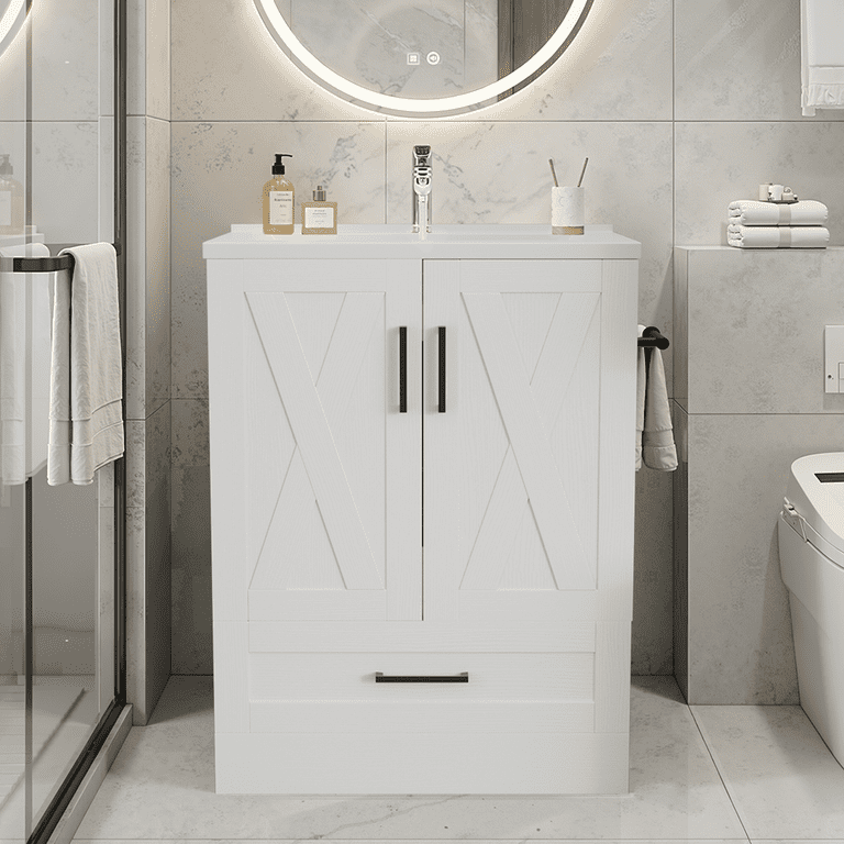 Lacoo 24" Bathroom Vanity with Sink Basin, Farmhouse Bathroom Storage Vanity Cabinet with 2 Doors & 1 Drawer, Freestanding Bathroom Cabinet with Washbasin, White