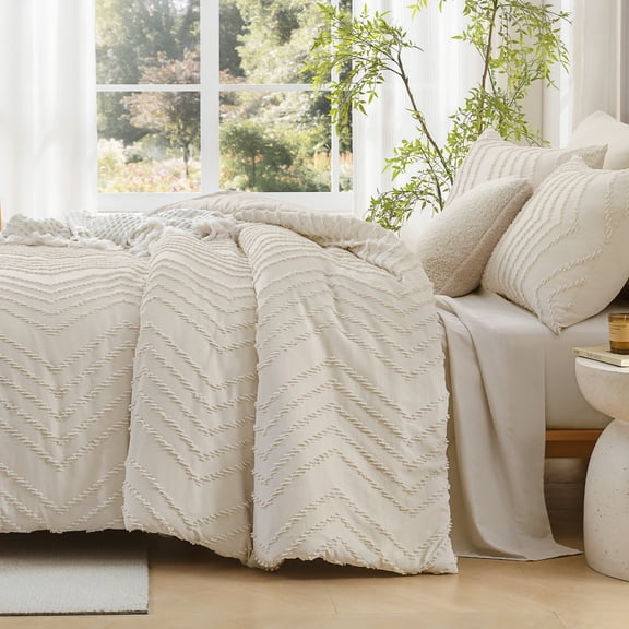 ANGENIA King Size Comforter Sets Beige - 7 Pieces Bed in a Bag King Bohemian Cream Soft Fluffy Chevron Elegant Tufted All Season Bed Sets with Comforter, Sheets, Pillowcases & Shams