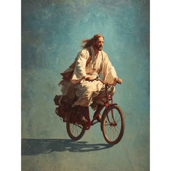 Jesus Riding Bicycle Canvas Print,Religious Living Room Office Decor