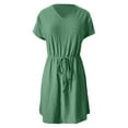 thumbnail image 4 of Women's Swimsuit Cover Ups - V Neck Drawstring Slit Eyelet Embroidery Beach Dress, Flowy Short Sleeve, 4 of 5