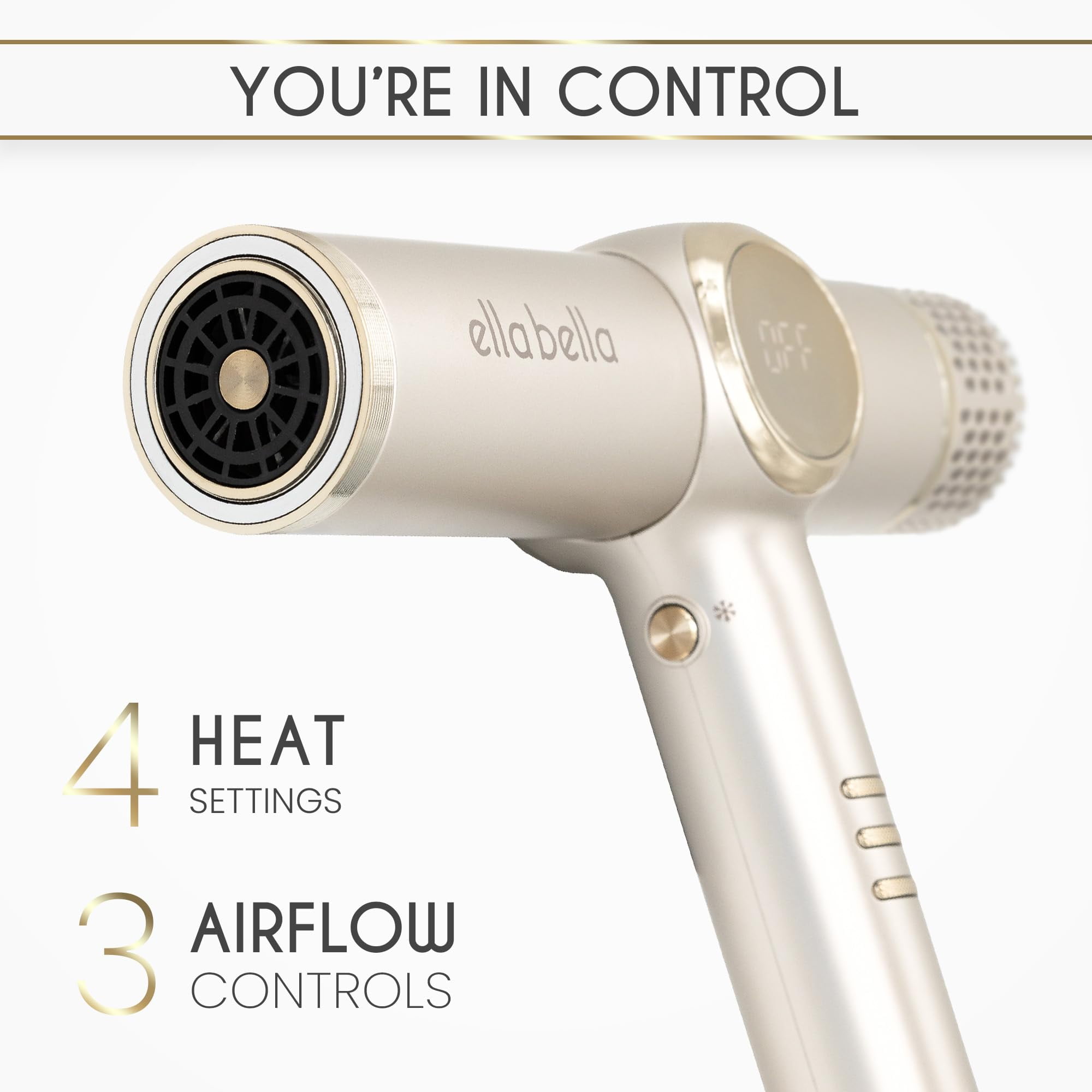 ELLA BELLA® Professional Ionic Hair Dryer with Diffuser, Negative Ion Blow Dryer, Suitable All Hair Types • Intelligent Heat Control & Rapid Drying Speeds • Lightweight Design & Low Noise (Champagne)