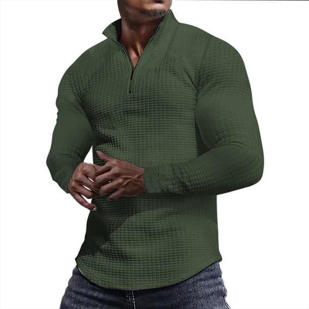 Blusa y camisa de manga larga con cuello alto para hombre, moda de color liso, media cremallera, blusa de manga larga con cuello alto, blusa de poliéster para hombre