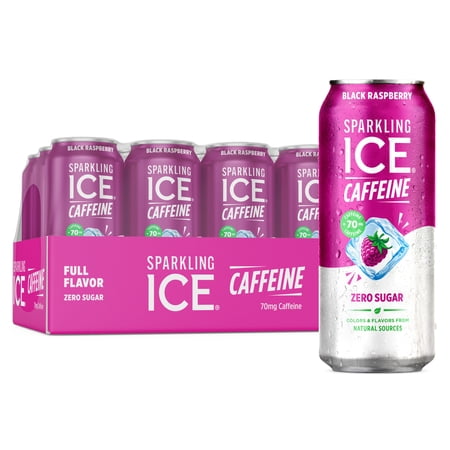 Sparkling Ice Caffeine Black Raspberry, Flavored Sparkling Water, 16 oz Cans (Pack of 12)