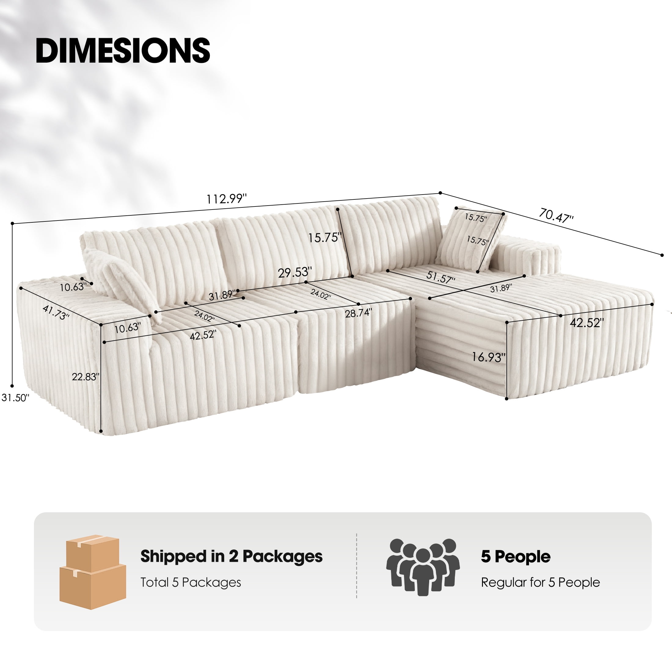Techmilly 113” Cloud L-Shaped Sectional Couches,Modular Sofa with Deep Seat, Sponge Compression Sofas,Modern Modular L-Shape Sofa Couch with Chaise for Living Room Bedroom (White, Left Facing Chaise)