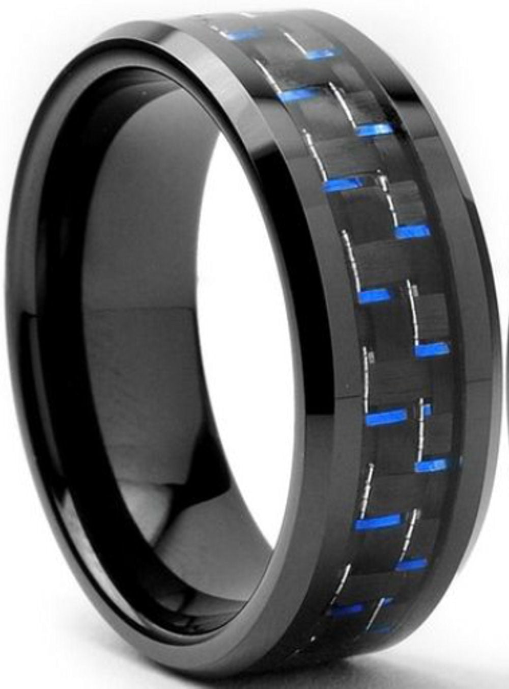 Tungsten 8mm Blue Carbon Fiber Inlay Flat Shiny Top Men's Wedding Band 
