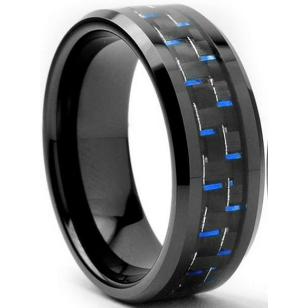 BocaGold 8mm Tungsten Carbide ring Blue Carbon Fiber inlay Wedding