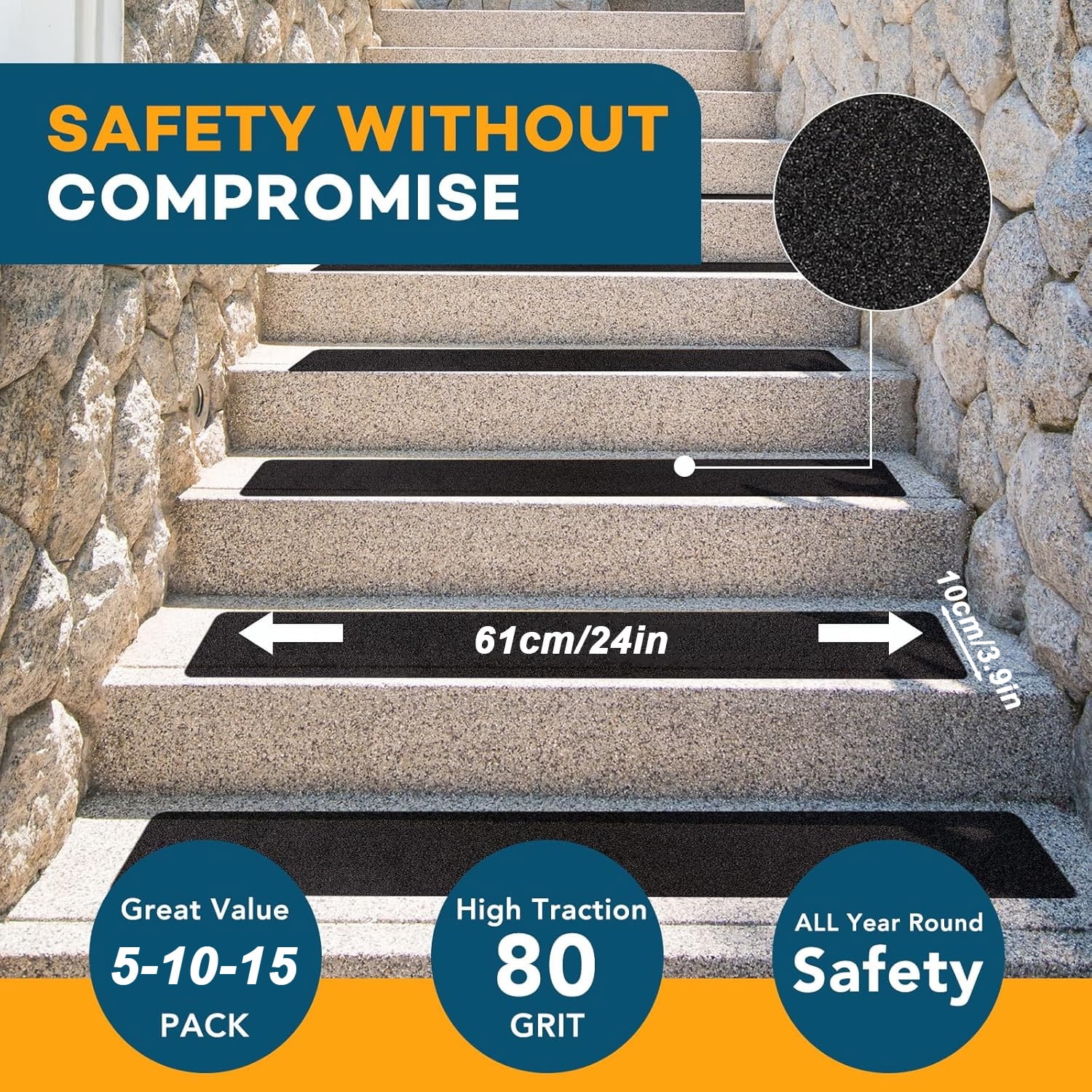 Kaskawise 10-Pack Non-Slip Outdoor Stair Treads - Anti Slip 4" X 24" Grip Tape Adhesive Strips - Heavy Duty Traction for Steps, Staircase, Deck-Black