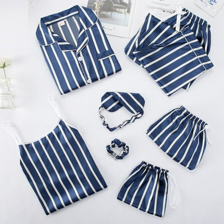 

Womens 7pcs Silk Satin Pajama Set Cami Pjs Sleepwear Button Down Pj Sets Loungewear