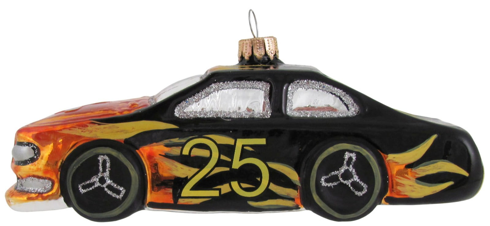 Indy 500 Speedway Black Race Car Glass Holiday Ornament