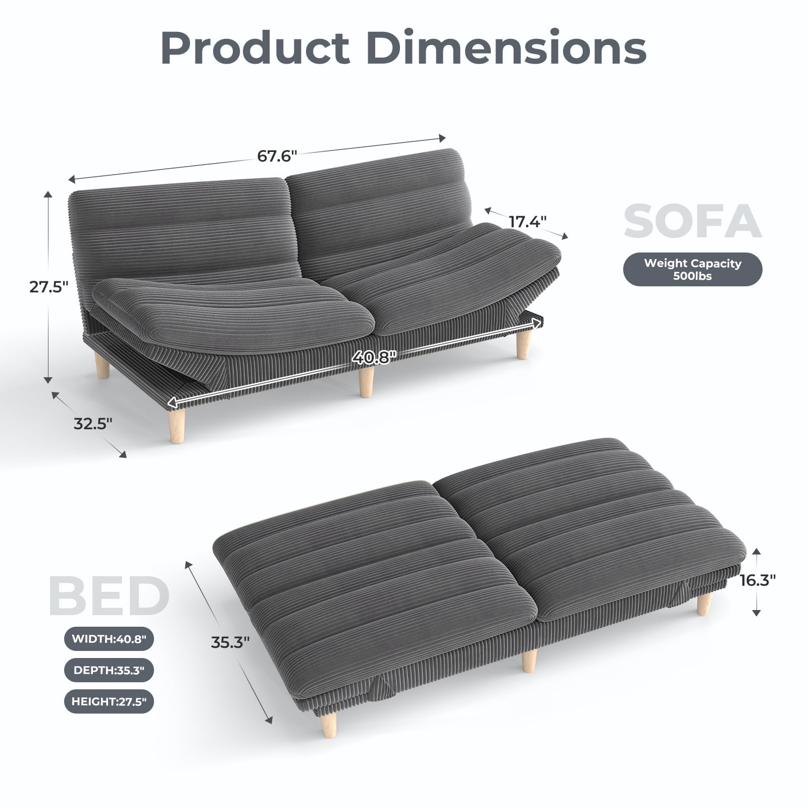 Ebello Convertible Futon Sofa Bed, Fabric with 3-Position Reclining Backrest and Adjustable Armrests for Living Room Apartment Office, Gray