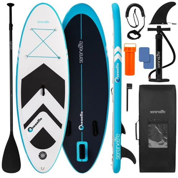 SereneLife 7'9" Kids Inflatable Stand Up Paddle Board - SUP for Youth with Single-Action Pump, Adjustable Paddle & Backpack - 30 Wide Stable Design with Non-Slip EVA Deck Pad, Ages 5 , 200lb Capacity