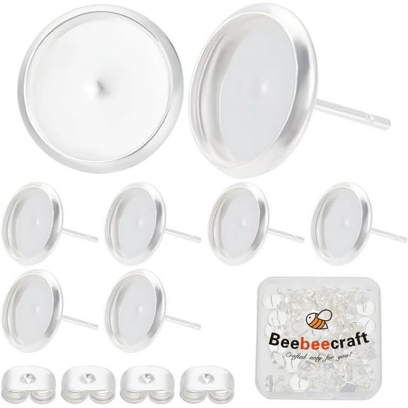 1 Box 50Pcs Earring Stud Bezel Blanks 925 Sterling Silver Plated Brass Stainless Steel Round Prong Cabochon Trays Post Studs Butterfly Backs Settings for Jewelry Making Earrings Findings
