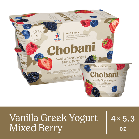 Chobani Low-Fat Vanilla Greek Yogurt Mixed Berry On The Bottom, Hero Batch 5.3oz 4PK