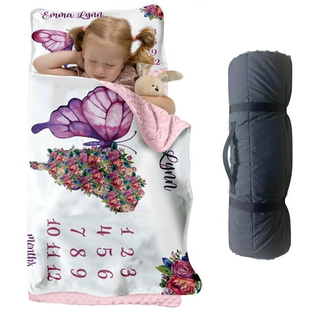 Custom Butterfly Toddler Nap Mat With Personalized Name Daycare Sleeping Bag Pillow and Blanket for Preschool. Lightweight and Easy to Clean.(Cushions + Pillows22.5 x55 +Blanket size: 33.5 x 45 )