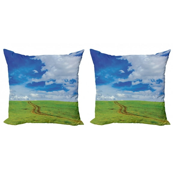 Ambesonne Nature Throw Pillow Cover 2 Pack, Path in Meadow Rural, 16", Blue