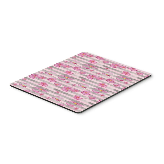 Watercolor Pink Flowers Grey Stripes Mouse Pad Hot Pad or Trivet