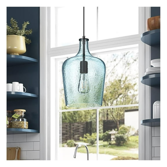 Modern Pendant Lights Fixture Kitchen Island 1-Light 11.8 inch Blue Glass Pendant Lighting Farmhouse Shape Hanging Light for Dining Room Sink Restaurant E26