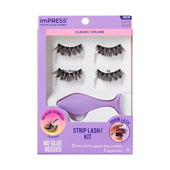 KISS imPRESS Pre-Glued Strip Lashes Kit, Classic Volume, 2 Pair Self Adhesive Eyelashes