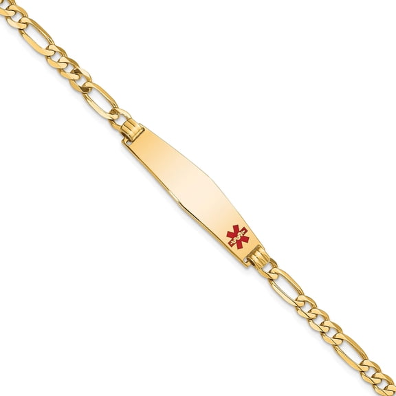14K Yellow Gold Medical Soft Diamond Shape Red Enamel Flat Figaro Link Id Bracelet (7 X 8.5) Made In United States xm560fc-7