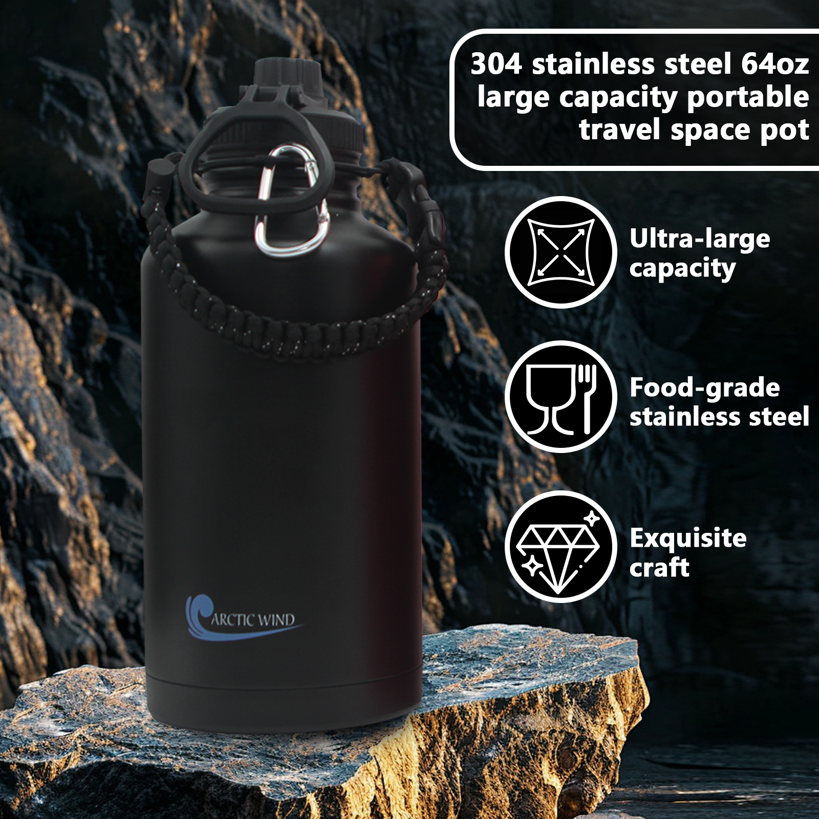 Arcticwind 64 oz Insulated Water Bottle, 304 Stainless Steel Leak Proof & BPA-Free, Half Gallon Water Bottle, Paracord Handle, 64oz Water Bottle Triple Wall Thermal Sweat-Proof Gallon Water Jug