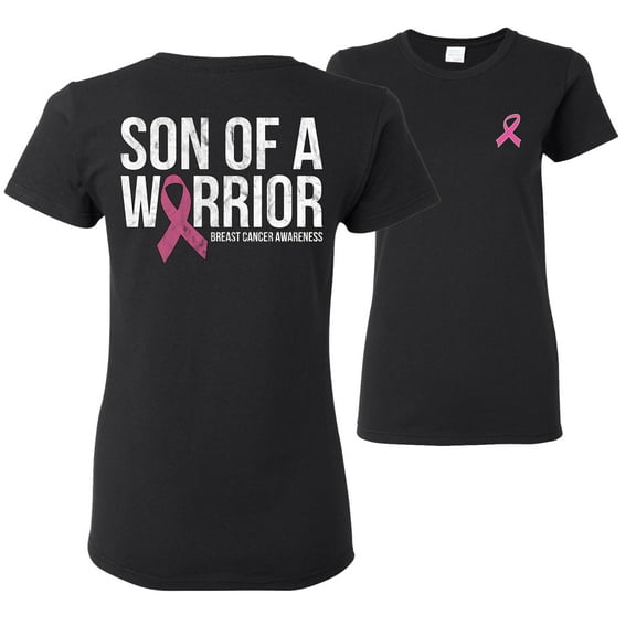 Wild Bobby Son of A Warrior Breast Cancer Ribbon Breast Cancer Awareness Front and Back Womens Graphic T-Shirt, Black, Small