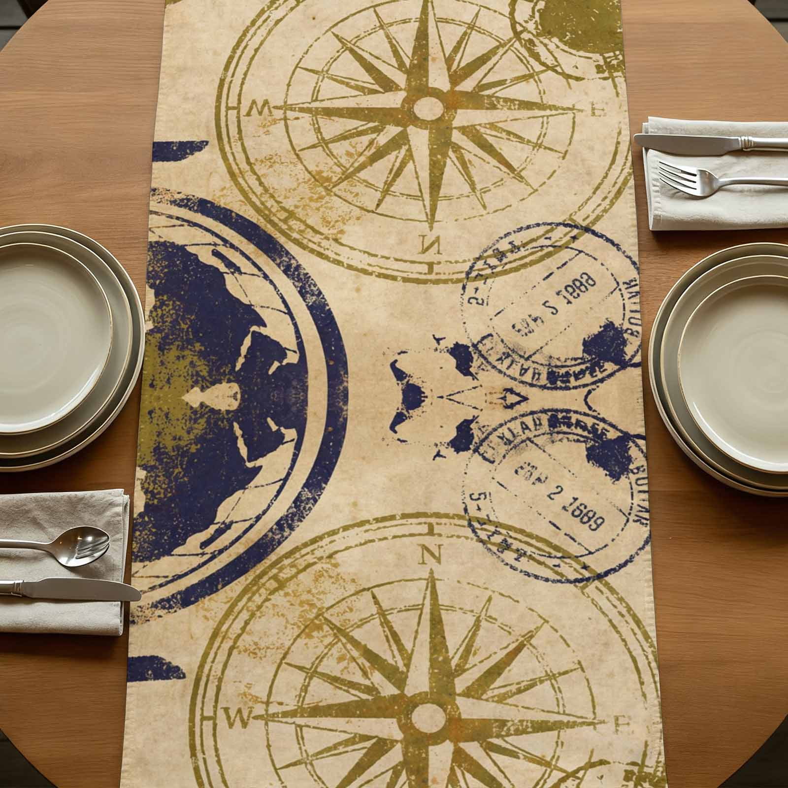 Vintage Globe Burlap Cotton Table Runner 13x90 Inches Long, Abstract Travel Adventure Compass Farmhouse Table Runners, Outdoor Dining Tablecloths Decor for Baby Shower/Party/Wedding