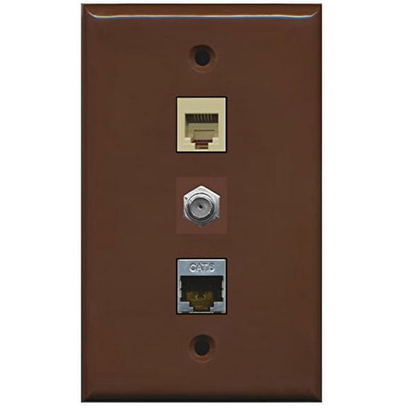 RiteAV - 1 Port Coax Cable TV- F-Type Phone RJ11 RJ12 and Shielded Cat6 Ethernet Wall Plate - Brown
