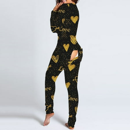 

PEONAVET Onesie Pajamas for Women Sexy V Neck Butt Button Flap Jumpsuit Valentine s Day Heart Printed Jumpsuits Long Sleeve Button Onesies Pajama Club Rompers Sleepwear