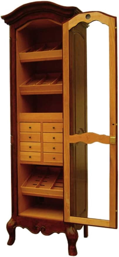 Humidor Supreme Antique Tower Humidor, Cigar Cabinet Holds Up to 3000 Cigars, 4 Shelves, 8 Drawers, 2 Interior A/C Outlets, Distressed French Walnut Finish