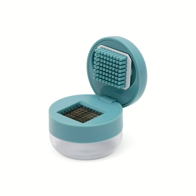 Teal and clear compact garlic press container with hinged lid and integrated pressing grid for mincing garlic.
