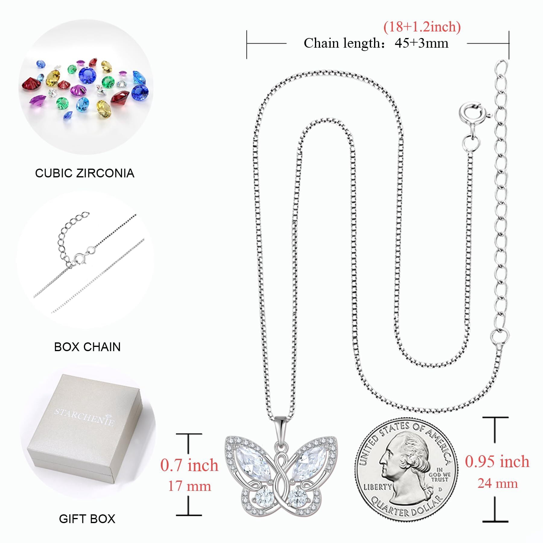 Starchenie Butterfly Pendant Necklace Women 925 Sterling Silver April Birthstone Cubic Zirconia Butterfly Jewelry Gifts