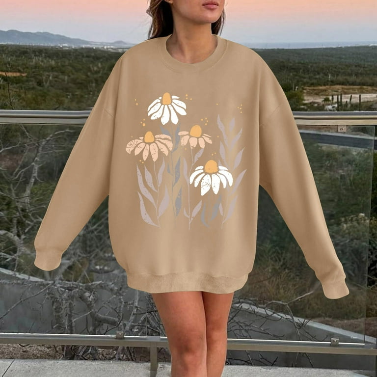 Womens Hoodies Oversized Sweatshirts Khaki Women Floral Minimalist Sweater Flower Print Sweatshirt Woman Oversized Flower Shirt Teen Girl Clothes Trendy 2024 Xxl Walmart