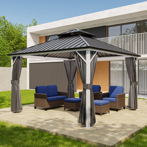 INTER HUT 12x12 FT Galvanized Steel Double Roof Gazebo with Aluminum Frame Gazebo with Curtain and Netting, White/Gray