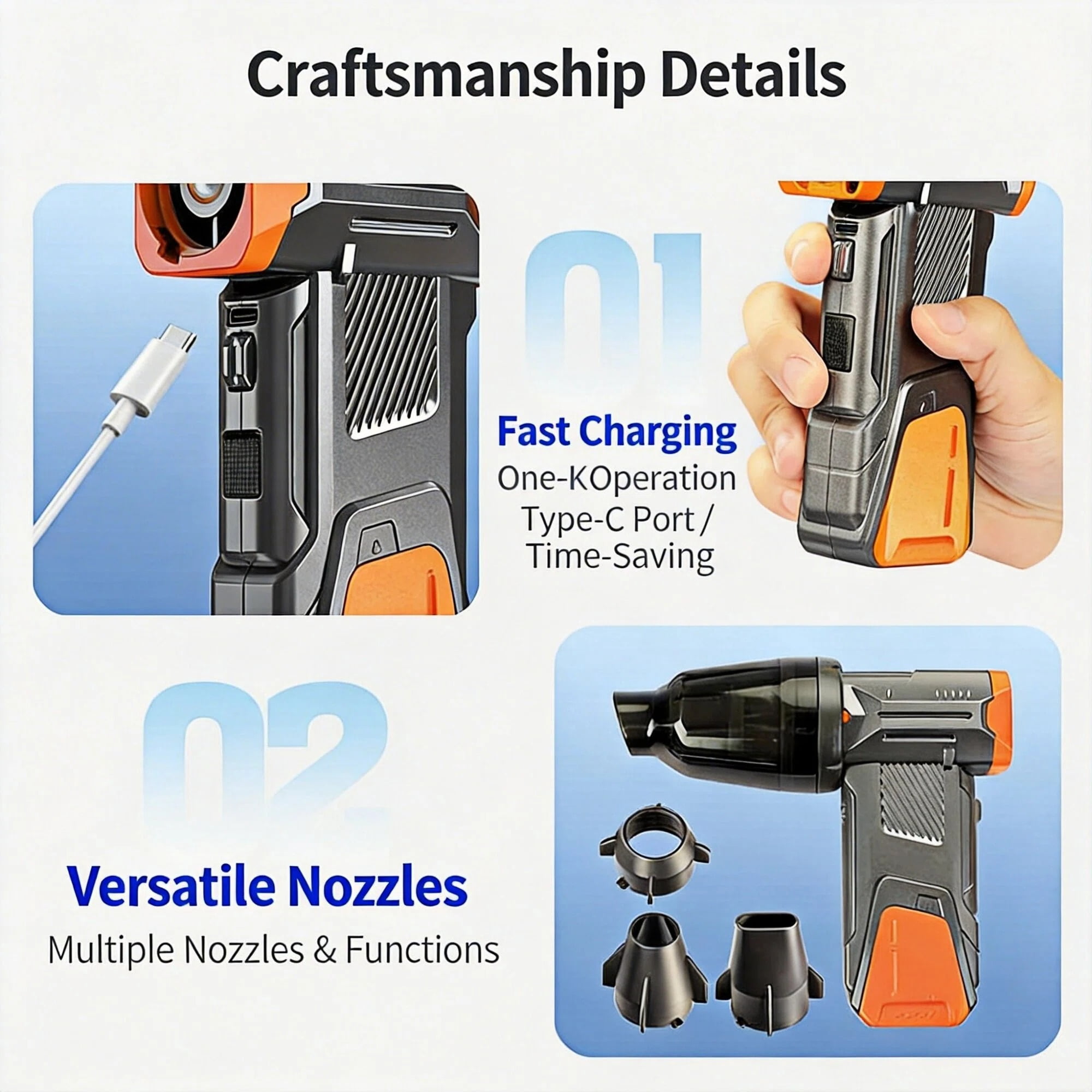 Asoricing Compressed Air Duster with Flashlight, 130,000RPM Powerful Electric Air Duster Blower Rechargeable with Brushless Motor, 4-Gear Adjustable Mini Air Blower Cordless, Orange