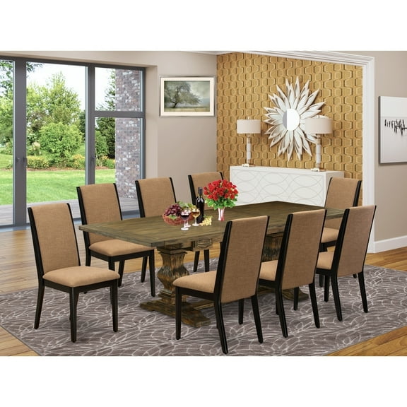 9-Piece Dining SetWood Table & 8 Linen ChairsBlack & Distressed Finish