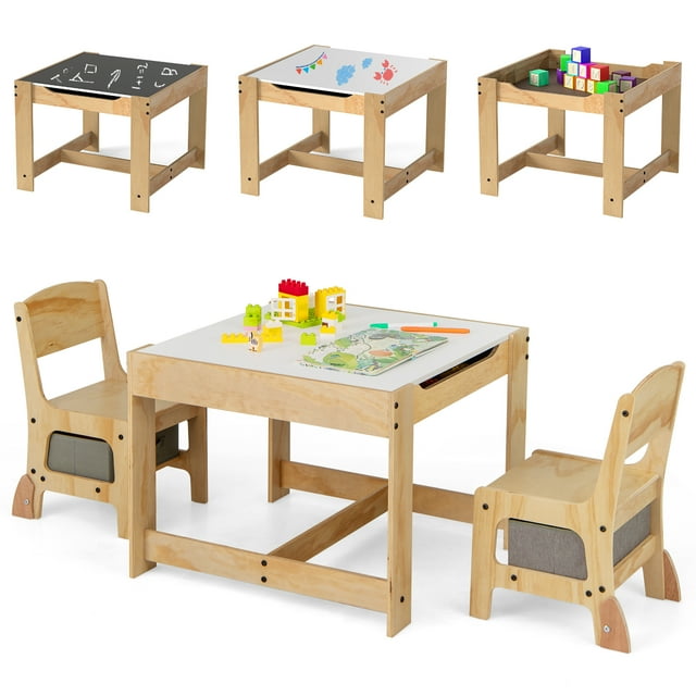 Gymax 3-In-1 Kids Table & Chairs Set w/Reversible Whiteboard/Chalkboard Top Hidden Storage Gray